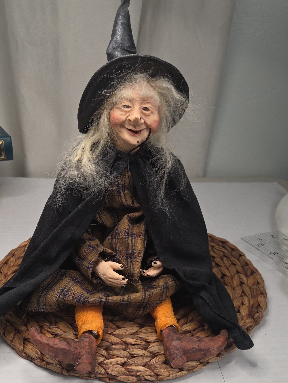 Handcrafted Witch Figurine Doll in Black Cape and Brown Plaid Dress.